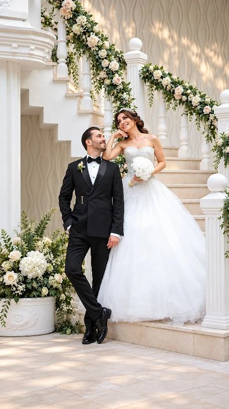Çiçeklerle süslü beyaz merdivende gülümseyen gelin ve damat