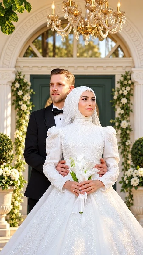 Avize ve çiçeklerle süslü kapı önünde tesettürlü gelin ve damat